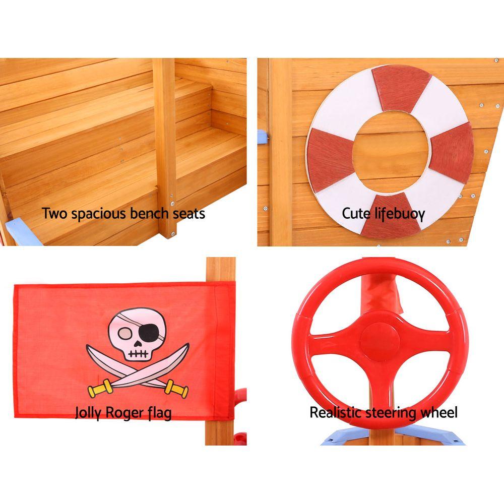 Keezi Boat Sand Pit with Canopy featuring a wooden boat design, steering wheel, and colorful cartoon stickers, perfect for outdoor play.