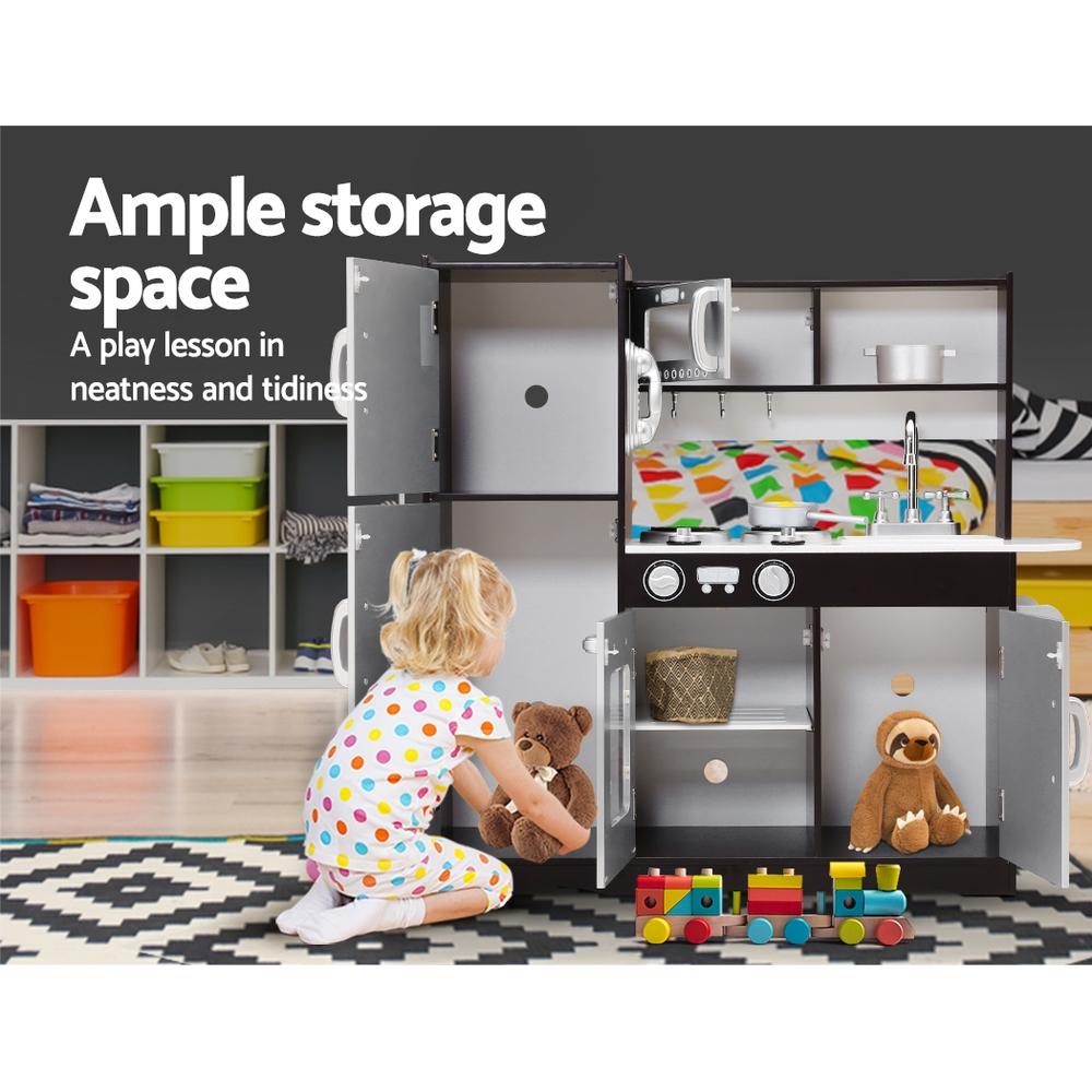 Keezi Kids Kitchen Set featuring a wooden play kitchen with stove, oven, fridge, and utensils, designed for children aged 3 and above.