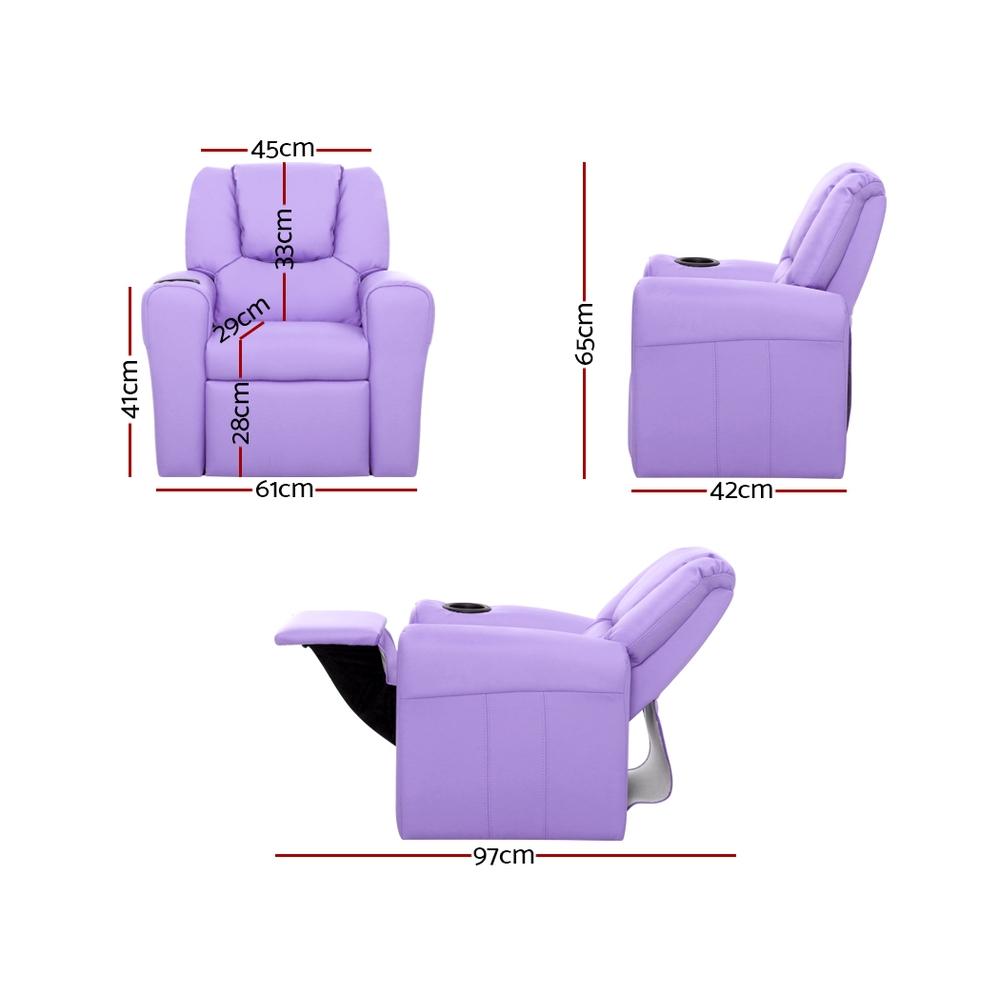 Keezi Kids Recliner Chair in purple PU leather with plush cushioning and built-in cup holder, designed for children's comfort and safety.