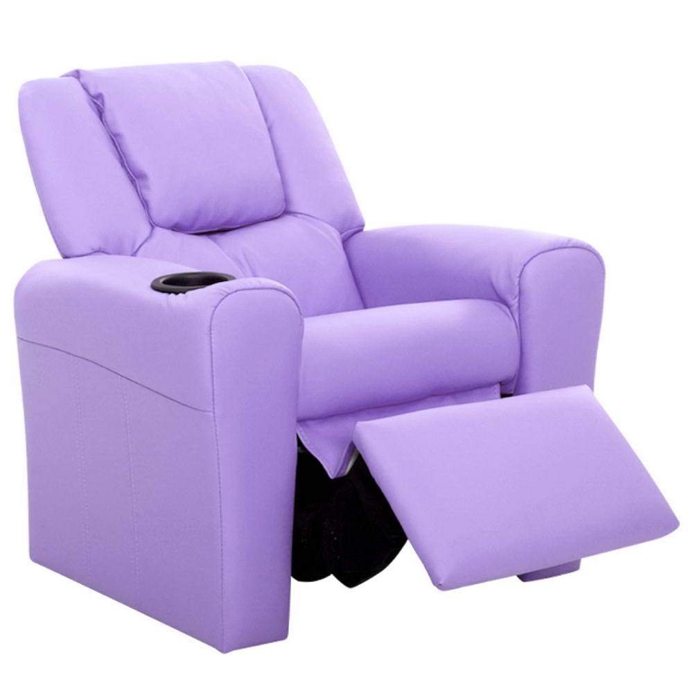 Keezi Kids Recliner Chair in purple PU leather with plush cushioning and built-in cup holder, designed for children's comfort and safety.