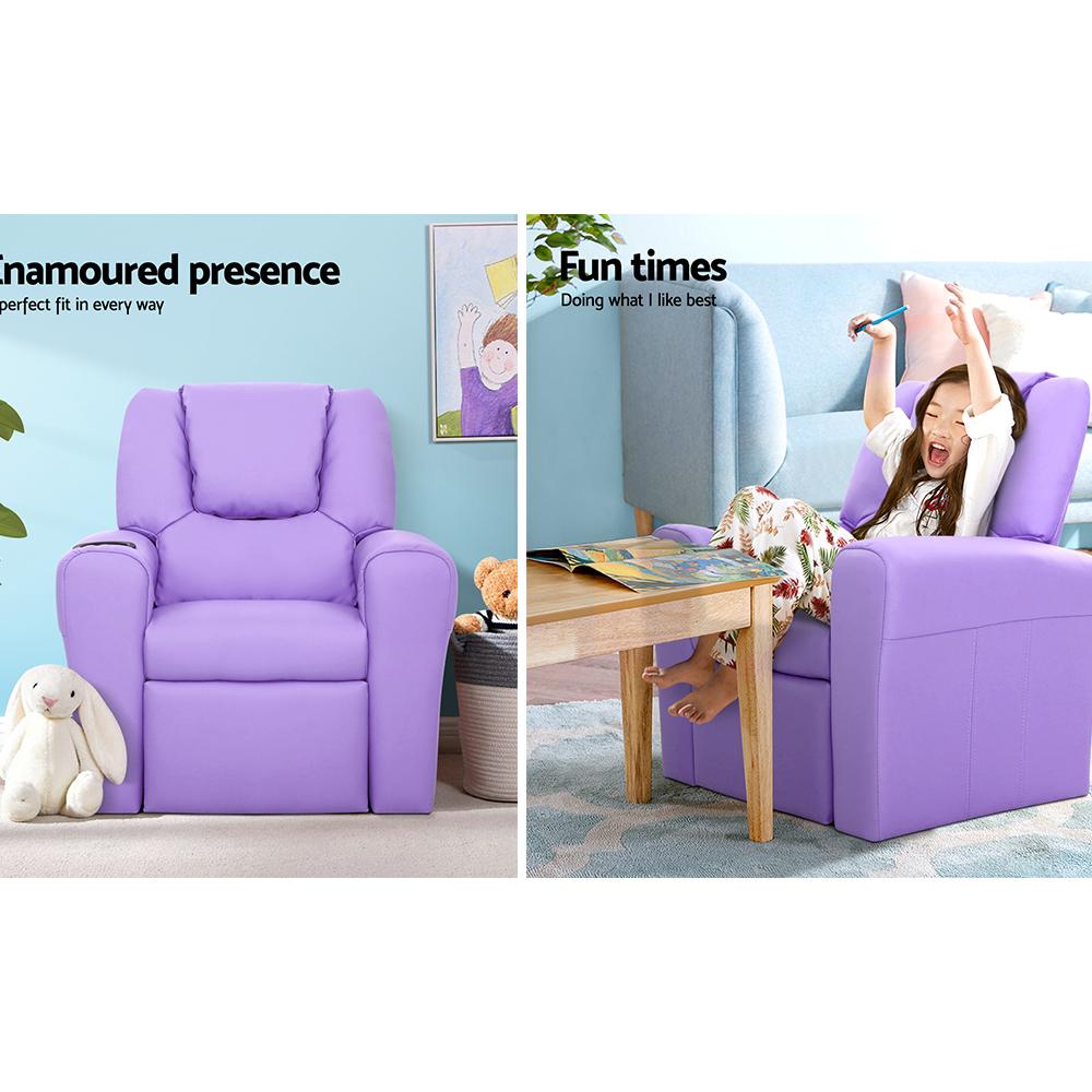 Keezi Kids Recliner Chair in purple PU leather with plush cushioning and built-in cup holder, designed for children's comfort and safety.