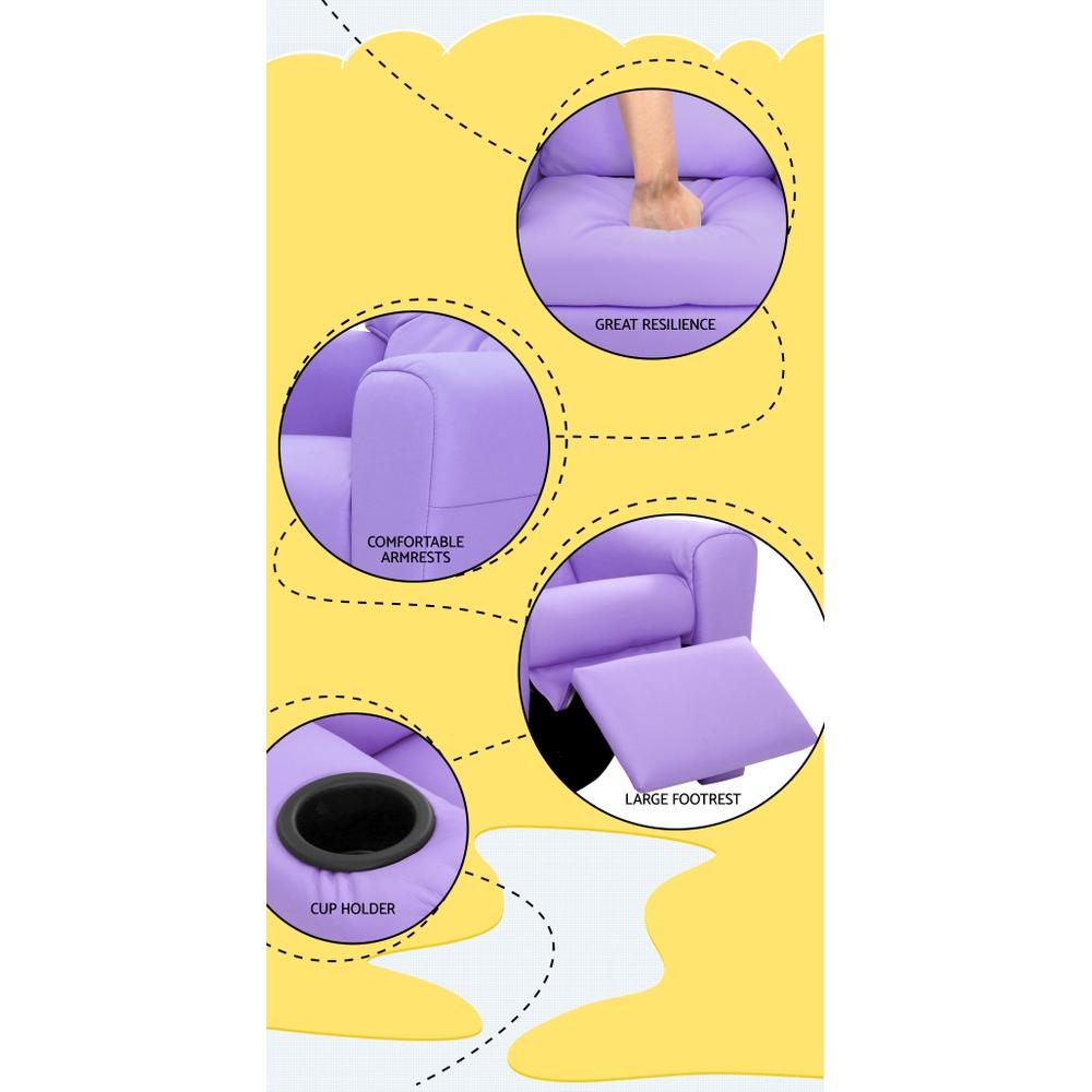 Keezi Kids Recliner Chair in purple PU leather with plush cushioning and built-in cup holder, designed for children's comfort and safety.