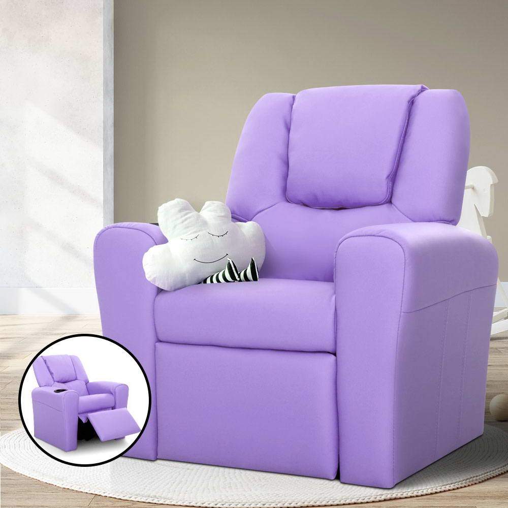 Keezi Kids Recliner Chair in purple PU leather with plush cushioning and built-in cup holder, designed for children's comfort and safety.