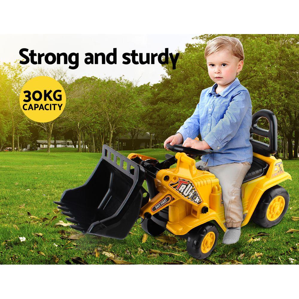 Keezi Kids Ride On Bulldozer in yellow, featuring a high backrest, hand lever, and safety helmet, perfect for outdoor play.