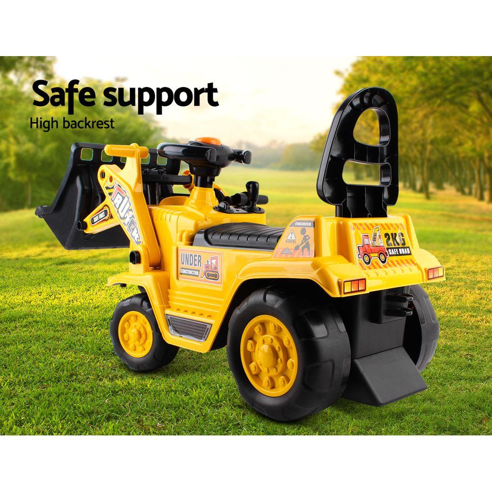 Keezi Kids Ride On Bulldozer in yellow, featuring a high backrest, hand lever, and safety helmet, perfect for outdoor play.