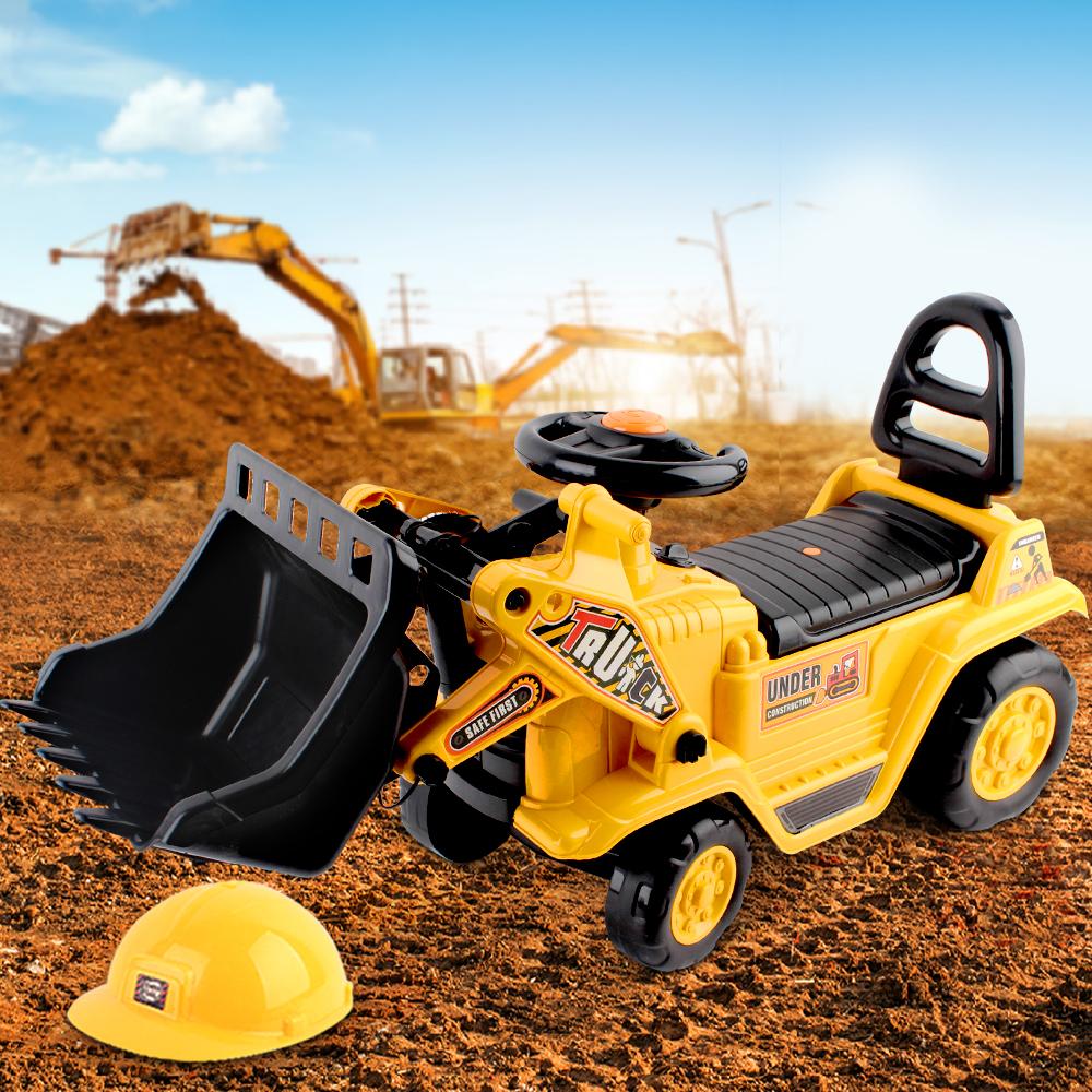 Keezi Kids Ride On Bulldozer in yellow, featuring a high backrest, hand lever, and safety helmet, perfect for outdoor play.