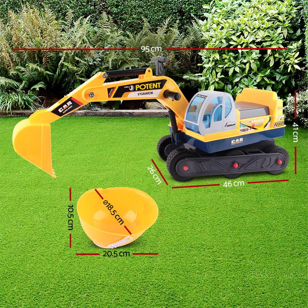 Keezi Kids Ride On Excavator in bright yellow, featuring a working excavator arm and anti-slip tyres, perfect for outdoor play.