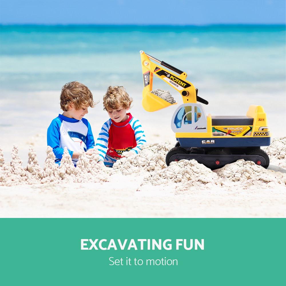 Keezi Kids Ride On Excavator in bright yellow, featuring a working excavator arm and anti-slip tyres, perfect for outdoor play.