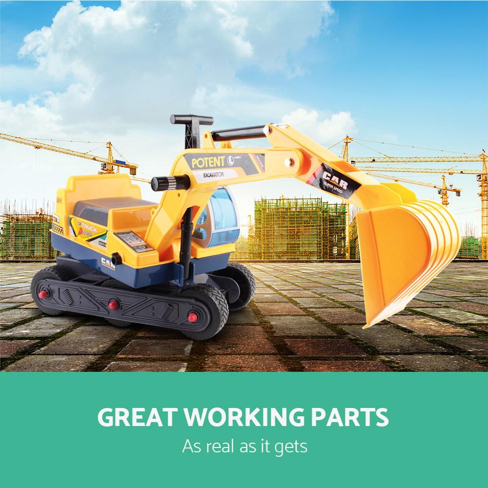 Keezi Kids Ride On Excavator in bright yellow, featuring a working excavator arm and anti-slip tyres, perfect for outdoor play.