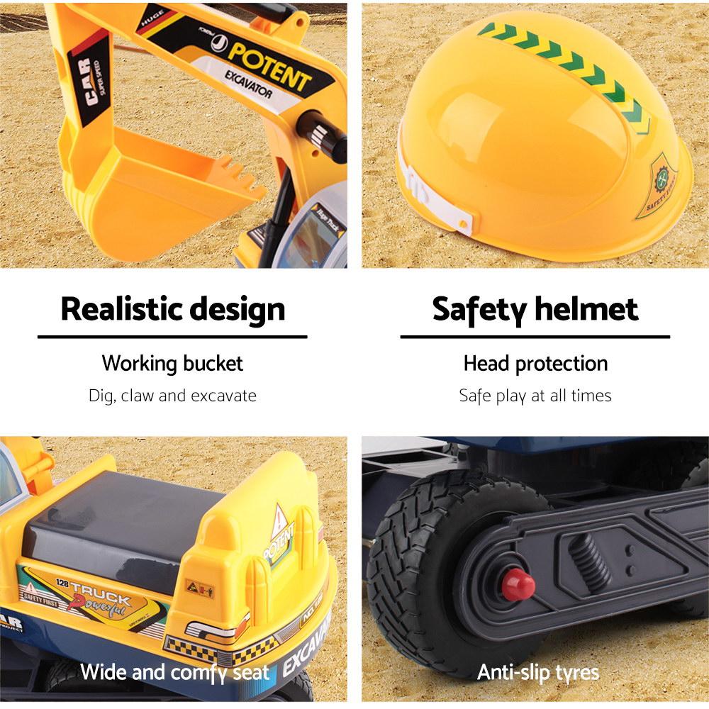 Keezi Kids Ride On Excavator in bright yellow, featuring a working excavator arm and anti-slip tyres, perfect for outdoor play.