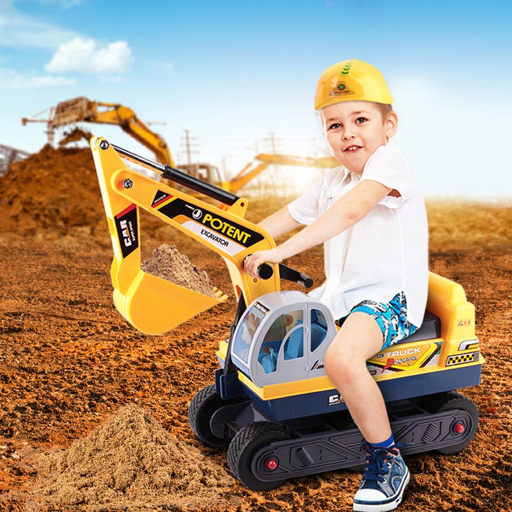 Keezi Kids Ride On Excavator in bright yellow, featuring a working excavator arm and anti-slip tyres, perfect for outdoor play.