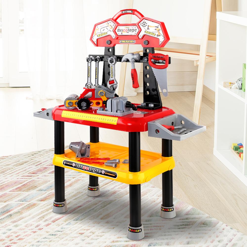 Keezi Kids Workbench Play Set in red, featuring realistic tools and accessories for imaginative play.