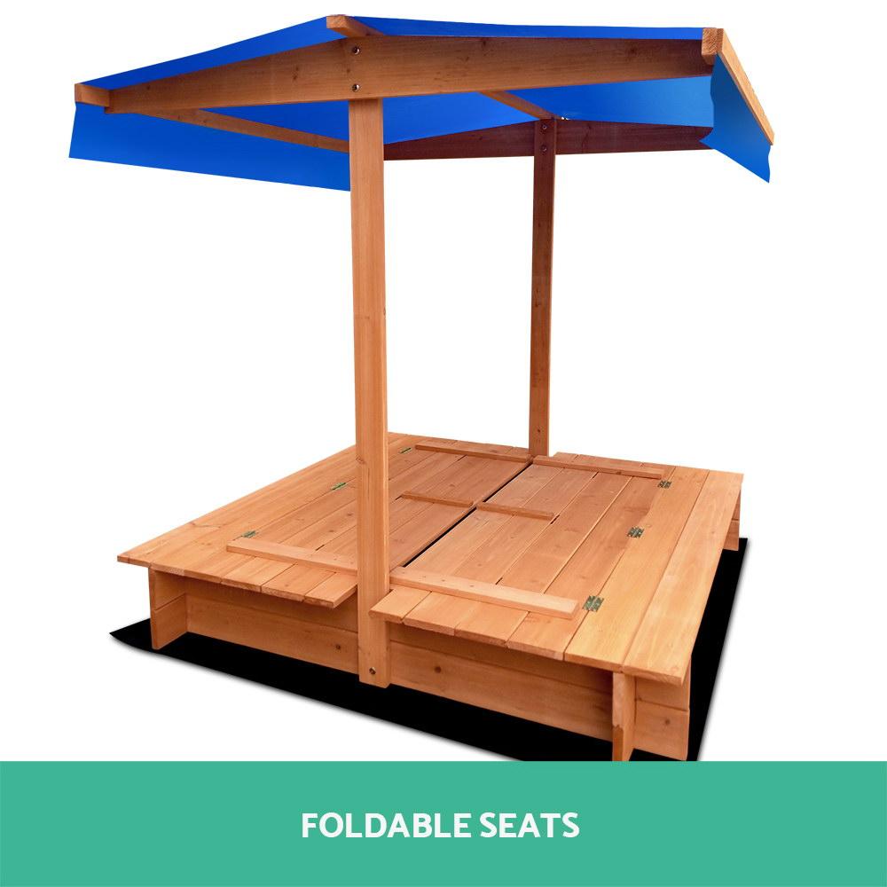 Keezi Wooden Outdoor Sand Box Set featuring a natural wood finish, rounded corners, and a protective canopy for children's outdoor play.