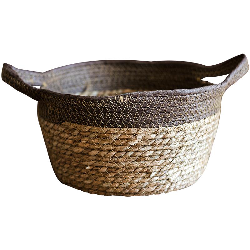 Khaki brown straw basket with handles, showcasing its natural straw texture and elegant design.