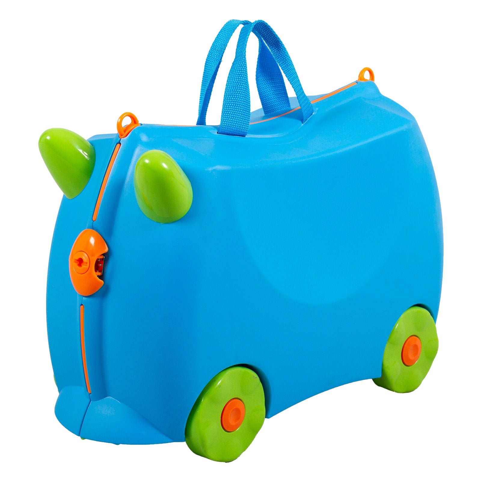 Kiddicare Bon Voyage Kids Ride On Suitcase in blue, designed for children to ride on or pull, featuring durable construction and spacious storage.