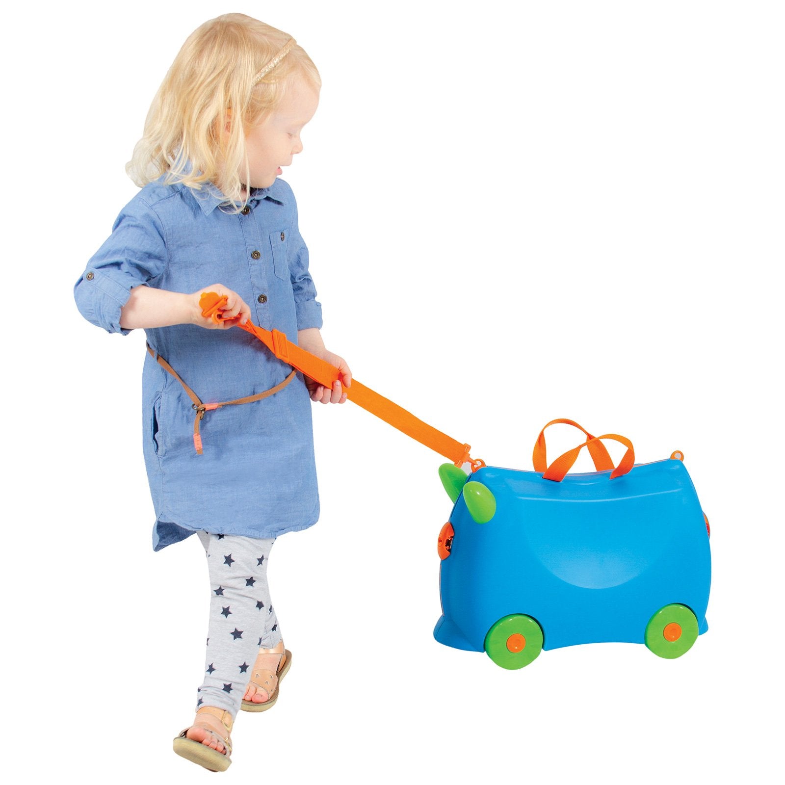 Kiddicare Bon Voyage Kids Ride On Suitcase in blue, designed for children to ride on or pull, featuring durable construction and spacious storage.