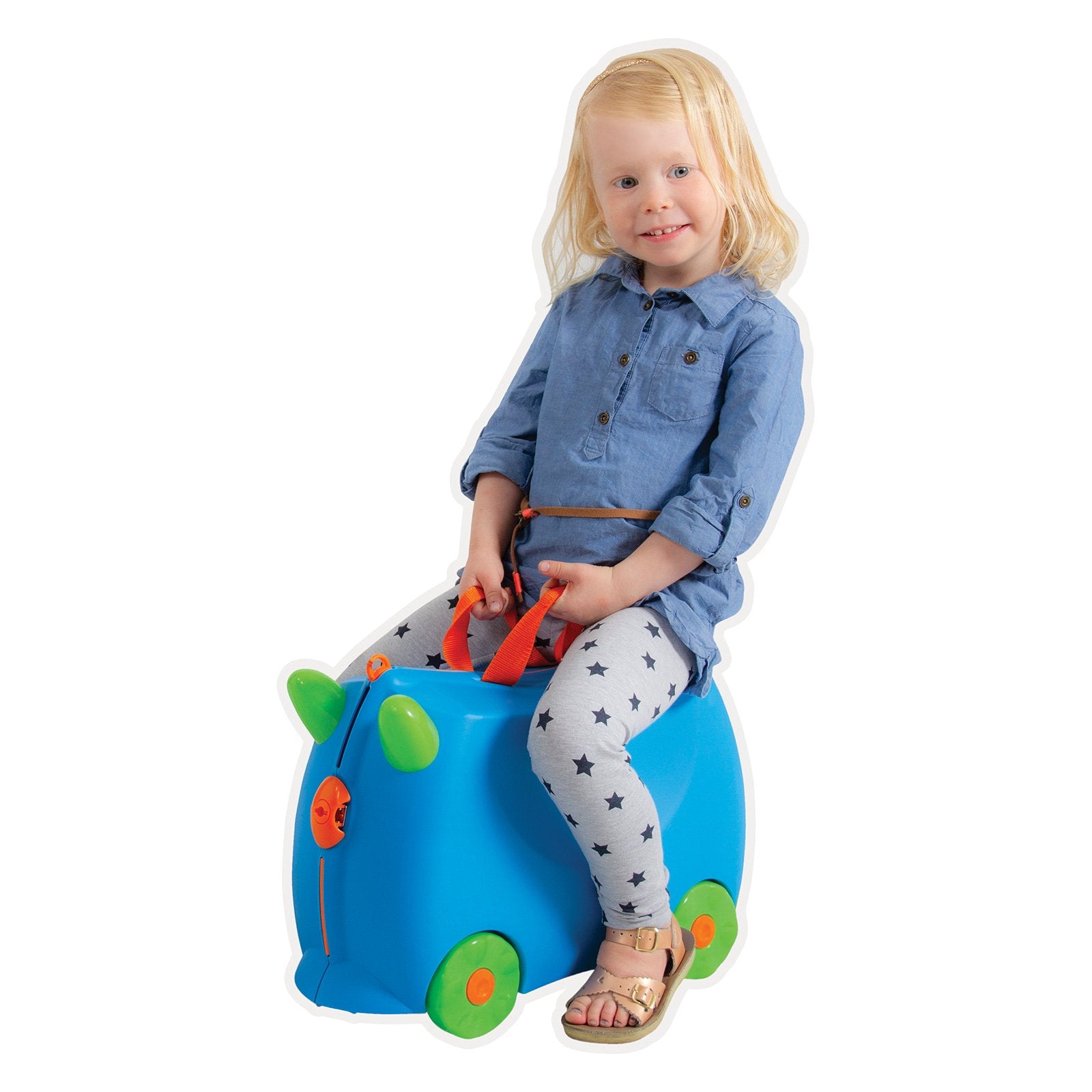 Kiddicare Bon Voyage Kids Ride On Suitcase in blue, designed for children to ride on or pull, featuring durable construction and spacious storage.