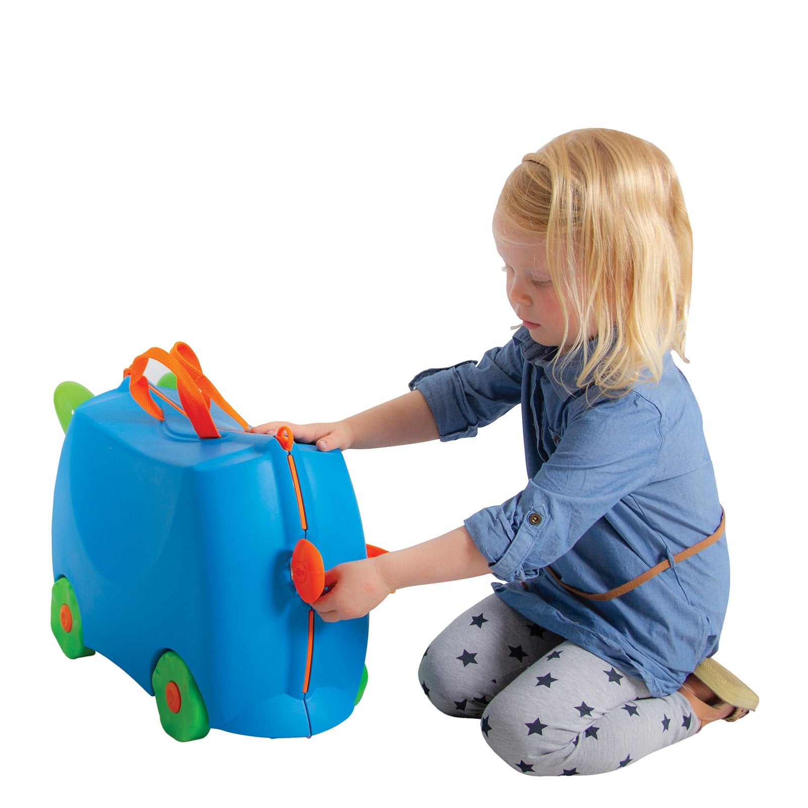 Kiddicare Bon Voyage Kids Ride On Suitcase in blue, designed for children to ride on or pull, featuring durable construction and spacious storage.