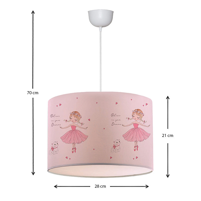 LITTLE BALLERINA ceiling lamp featuring cute ballerinas in pink and multicolored fabric shade, perfect for children's rooms.