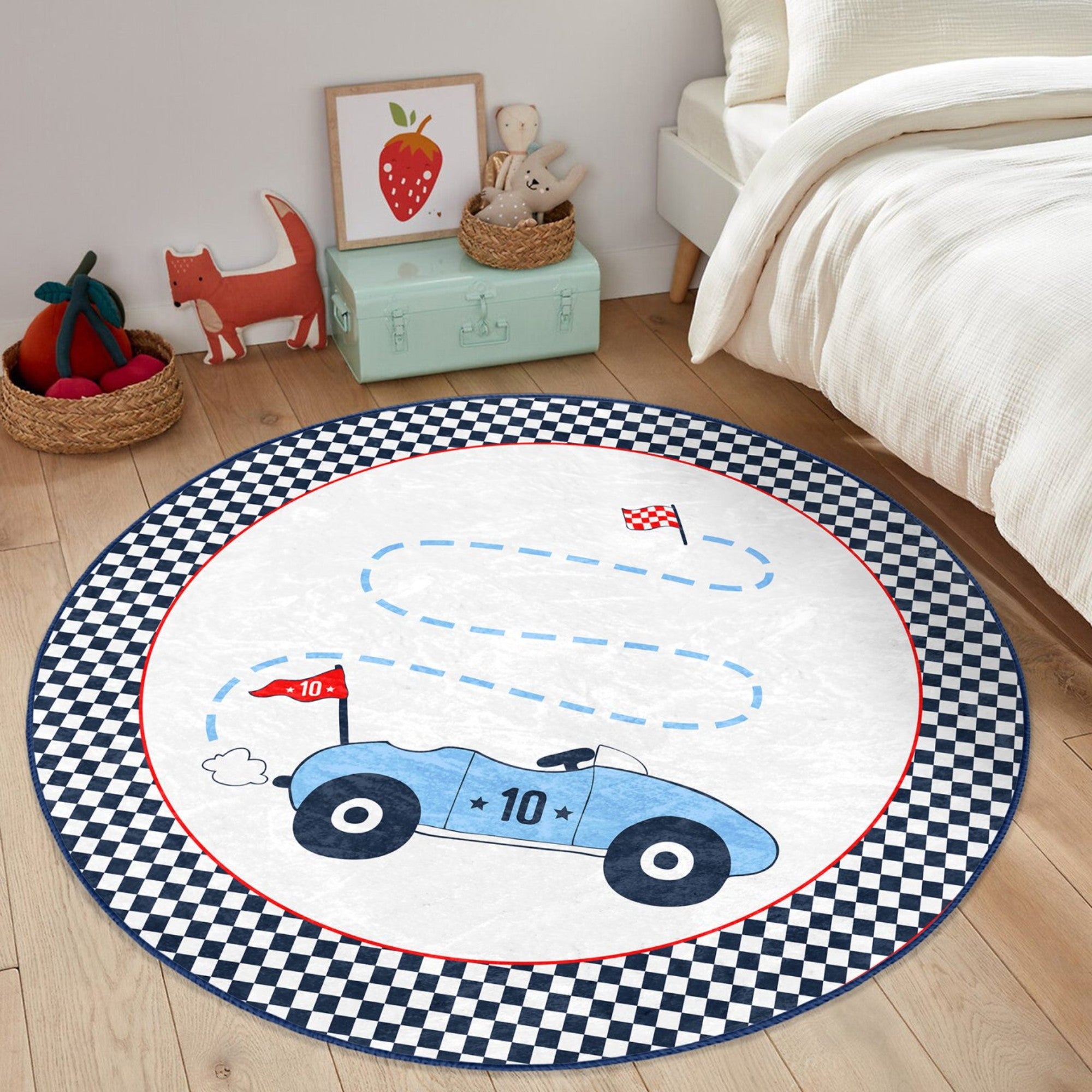 A colorful round rug featuring a racing car design, perfect for kids' rooms, showcasing vibrant colors and a soft texture.