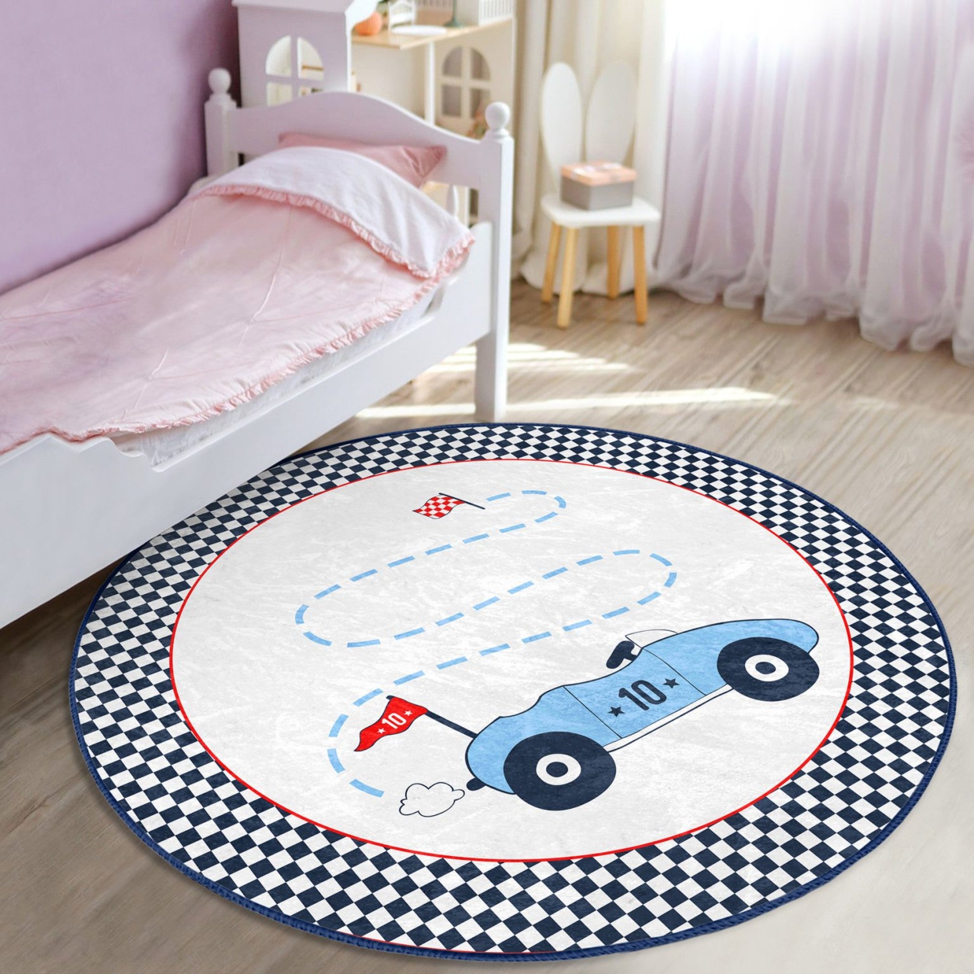 A colorful round rug featuring a racing car design, perfect for kids' rooms, showcasing vibrant colors and a soft texture.