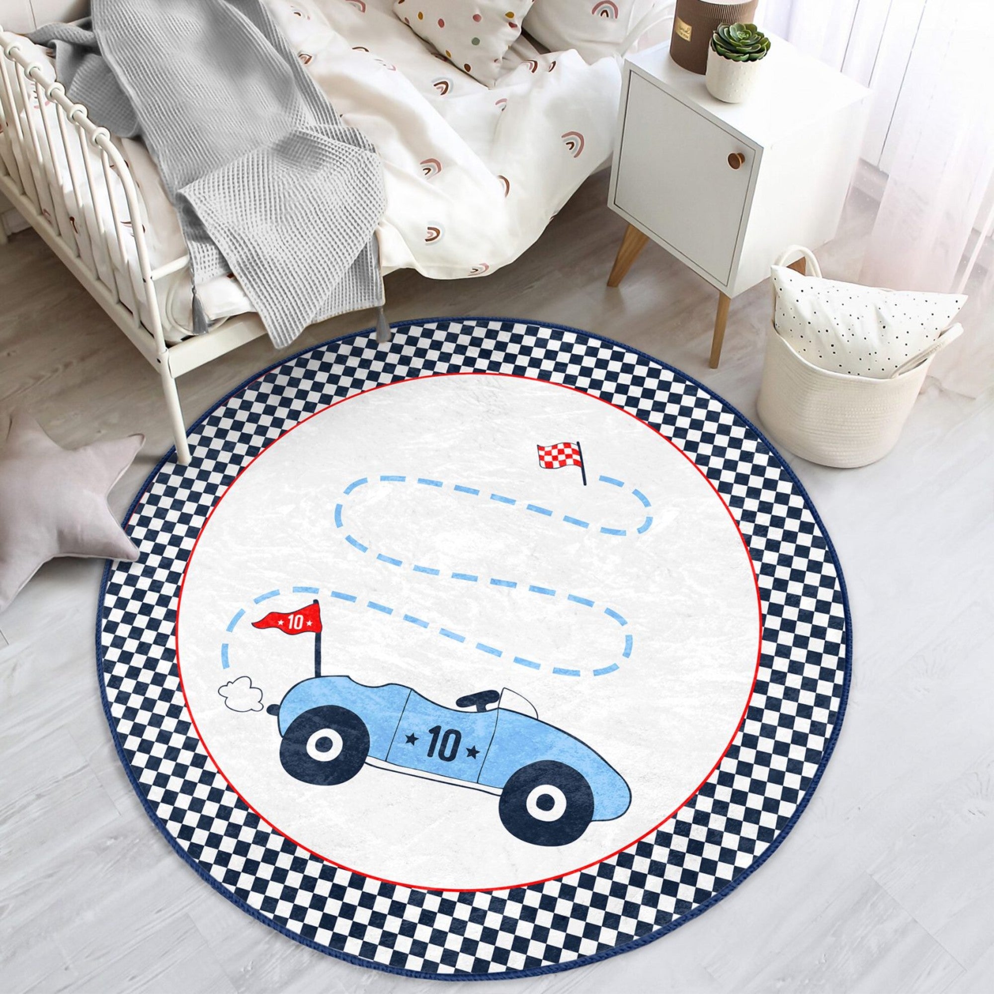 A colorful round rug featuring a racing car design, perfect for kids' rooms, showcasing vibrant colors and a soft texture.