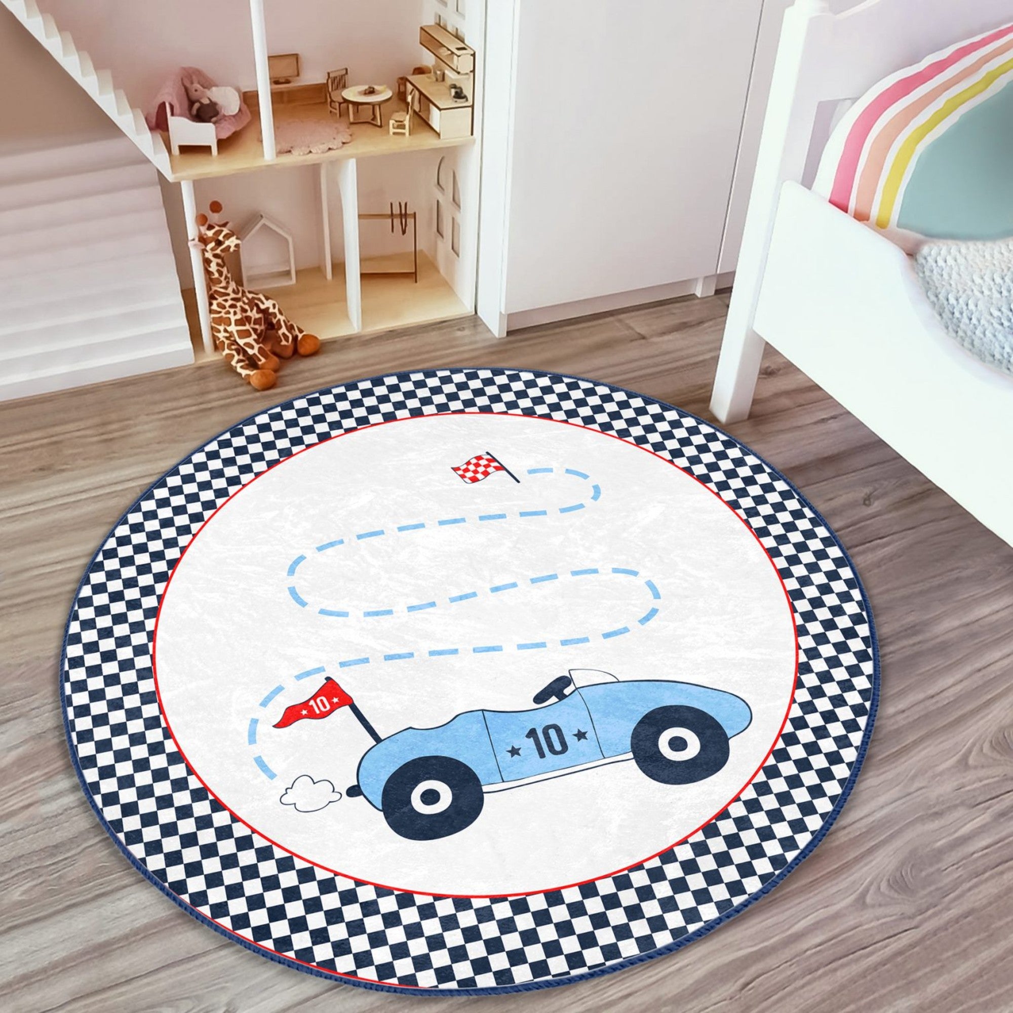 A colorful round rug featuring a racing car design, perfect for kids' rooms, showcasing vibrant colors and a soft texture.