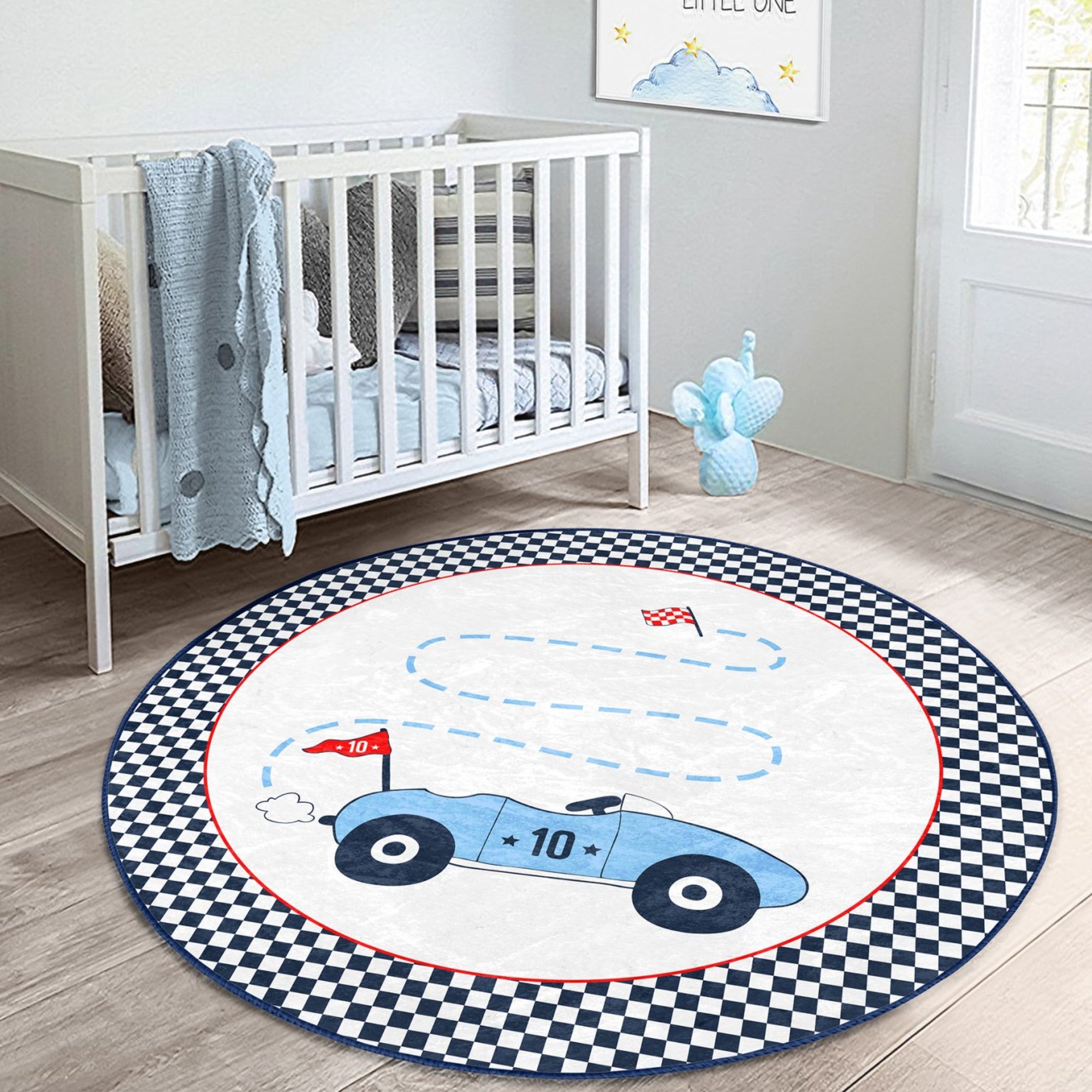 A colorful round rug featuring a racing car design, perfect for kids' rooms, showcasing vibrant colors and a soft texture.