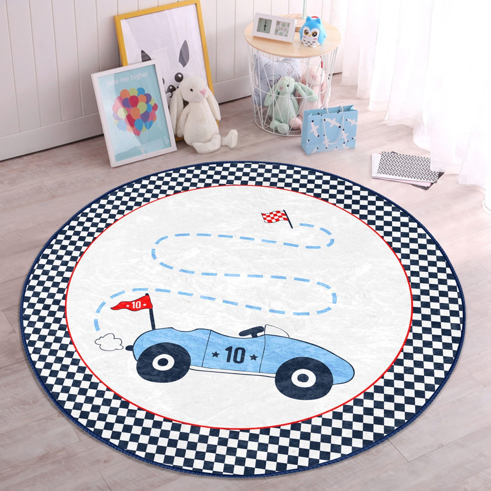 A colorful round rug featuring a racing car design, perfect for kids' rooms, showcasing vibrant colors and a soft texture.