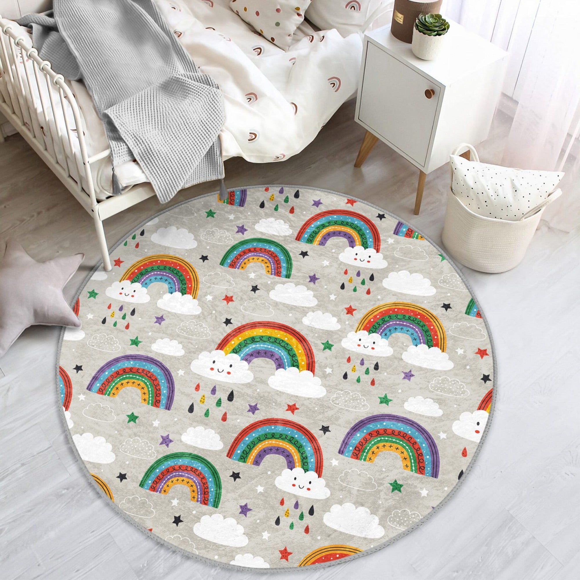 A colorful round rug featuring a cheerful rainbow pattern, designed for kids' rooms, showcasing its soft texture and vibrant colors.