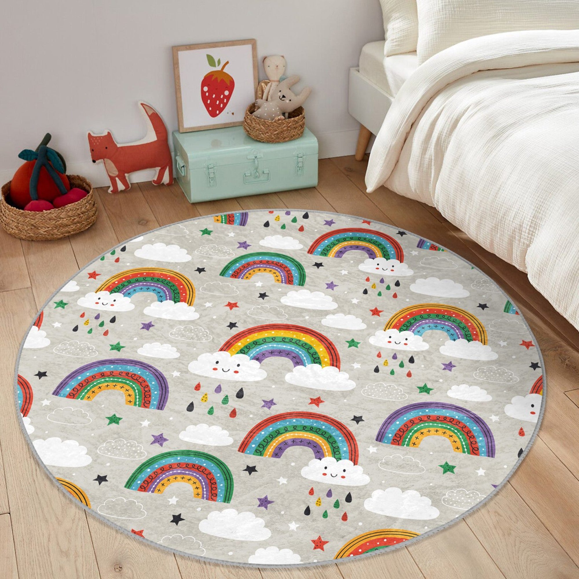 A colorful round rug featuring a cheerful rainbow pattern, designed for kids' rooms, showcasing its soft texture and vibrant colors.