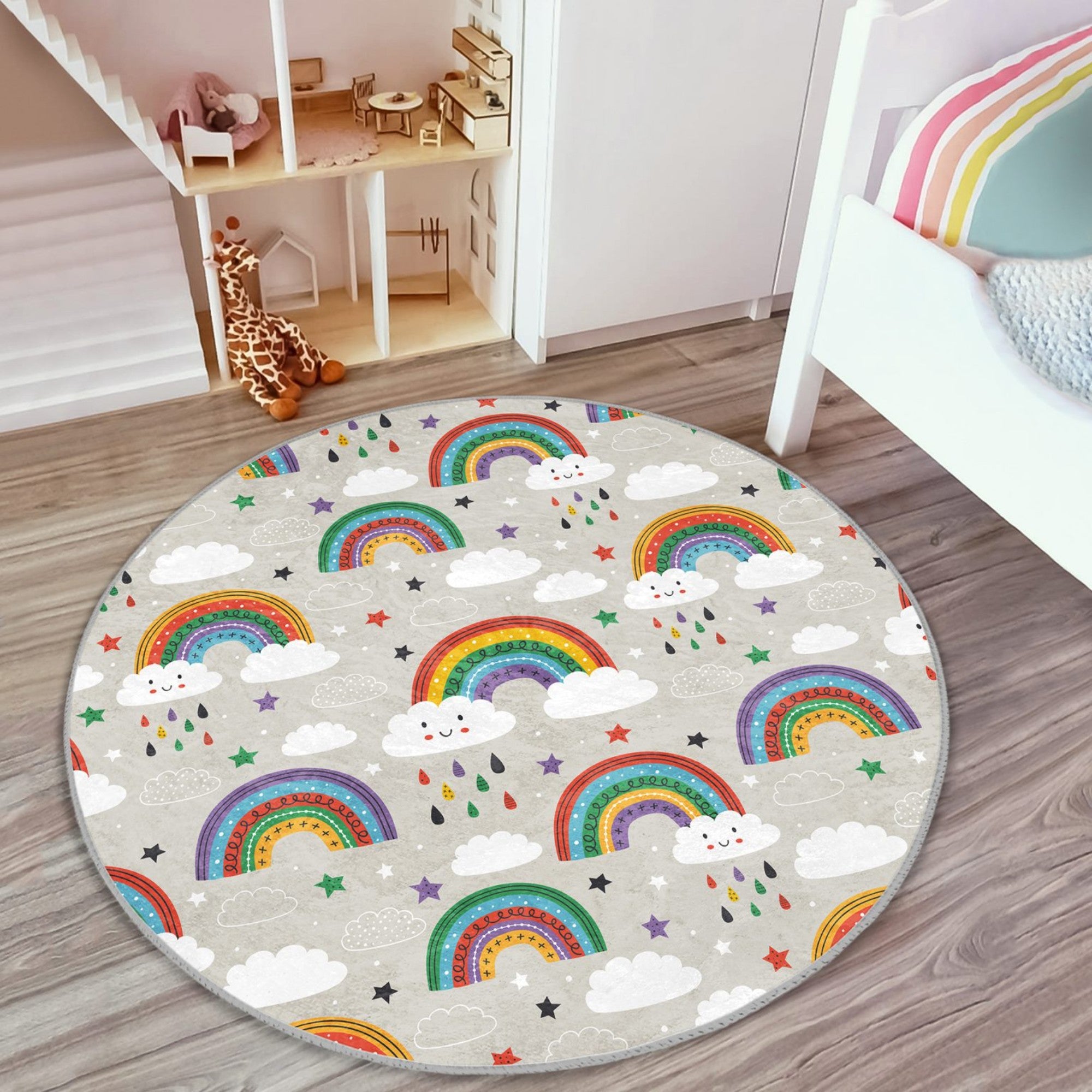 A colorful round rug featuring a cheerful rainbow pattern, designed for kids' rooms, showcasing its soft texture and vibrant colors.