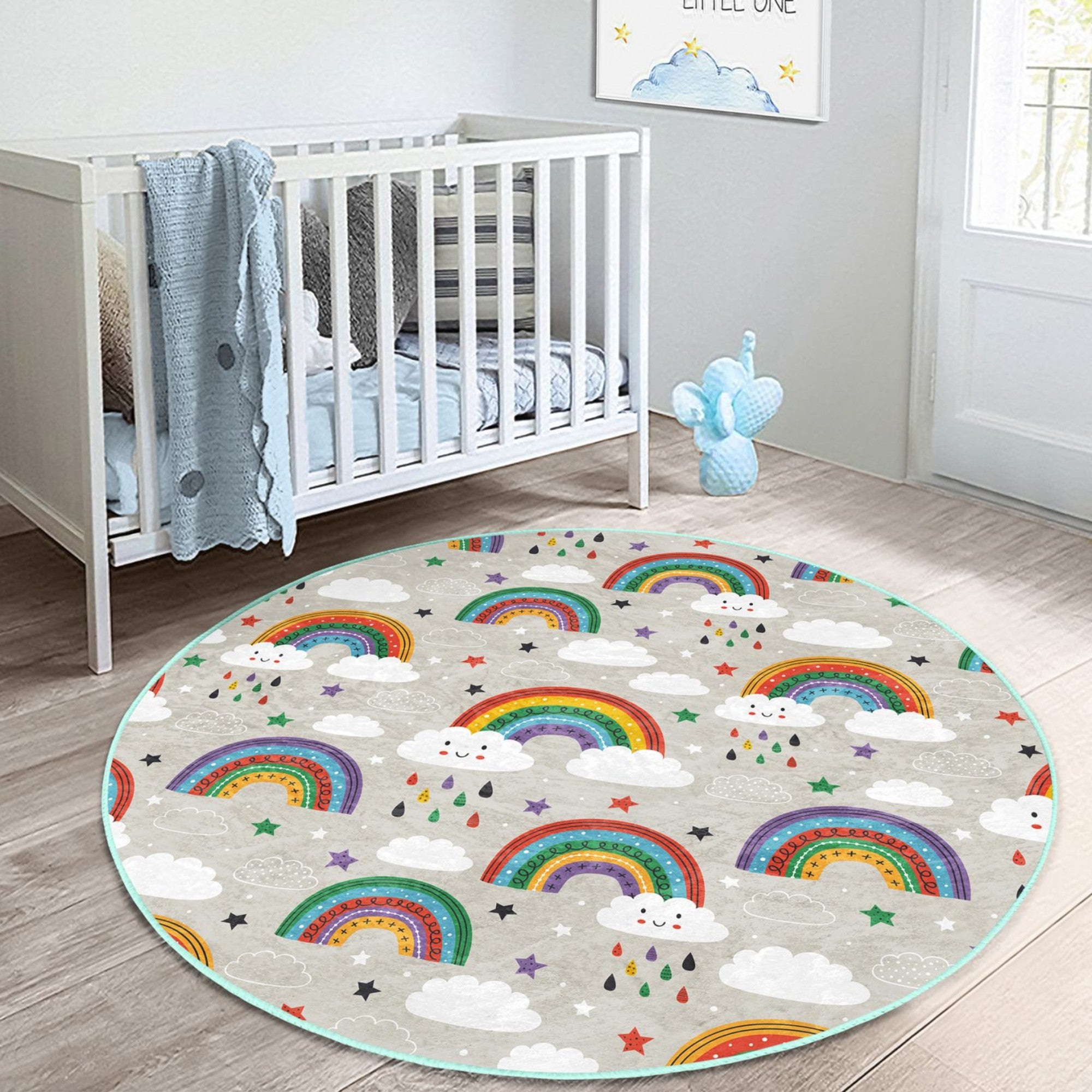 A colorful round rug featuring a cheerful rainbow pattern, designed for kids' rooms, showcasing its soft texture and vibrant colors.