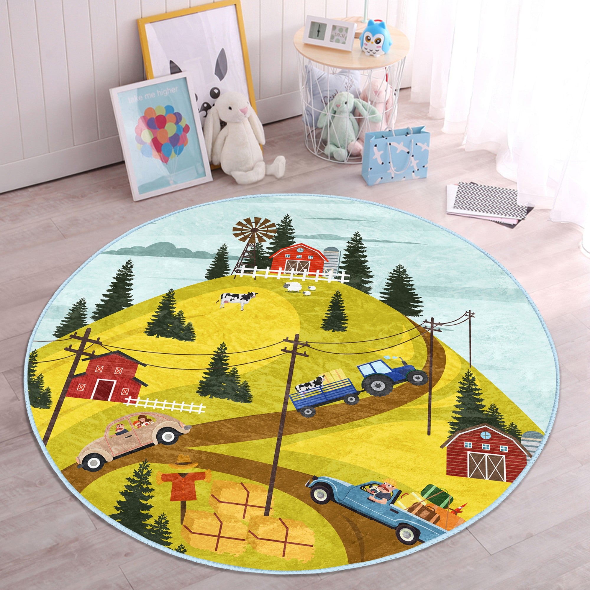 Kids Room Farm Pattern Decorative Washable Round Rug featuring vibrant farm designs, soft texture, and round shape, perfect for children's play areas.