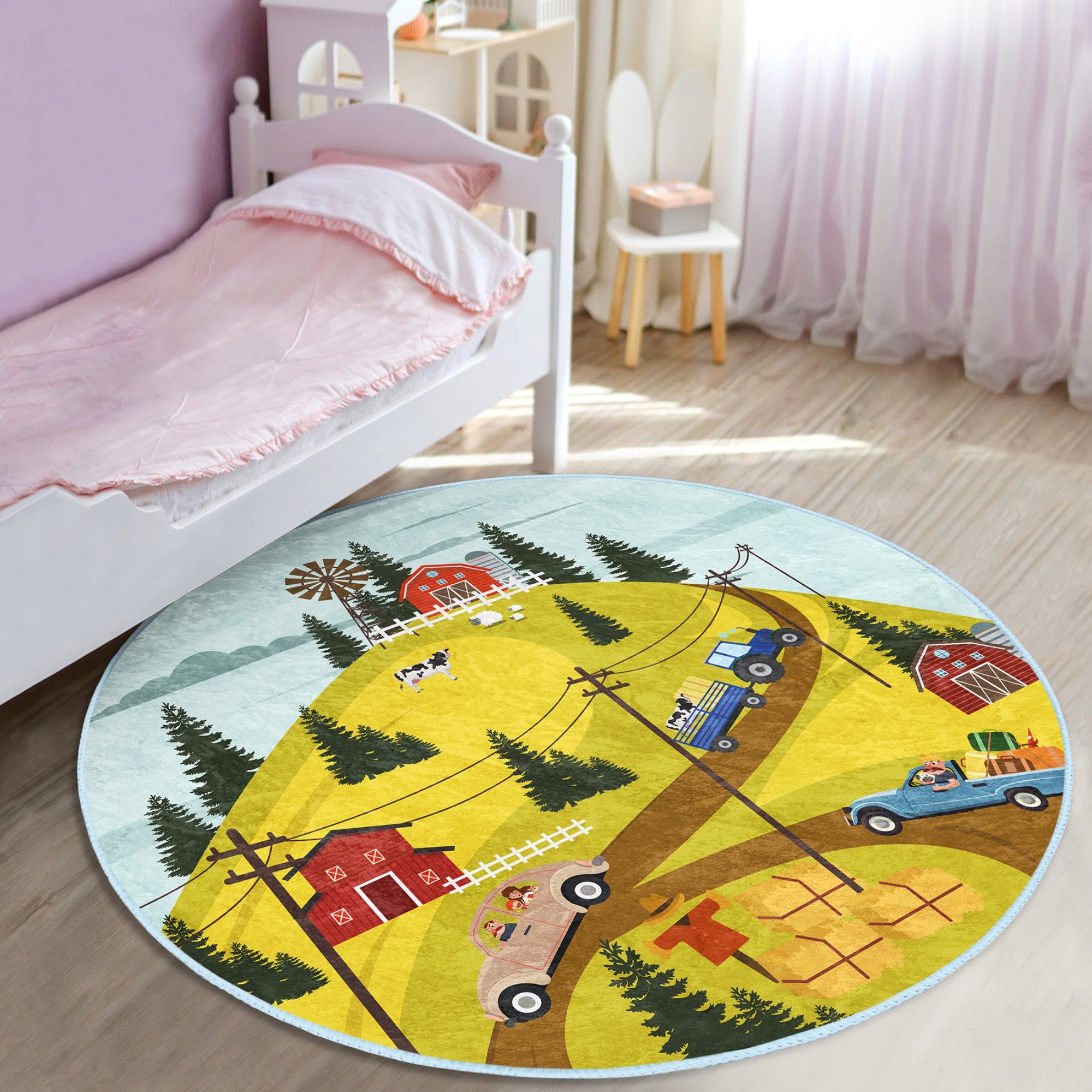 Kids Room Farm Pattern Decorative Washable Round Rug featuring vibrant farm designs, soft texture, and round shape, perfect for children's play areas.