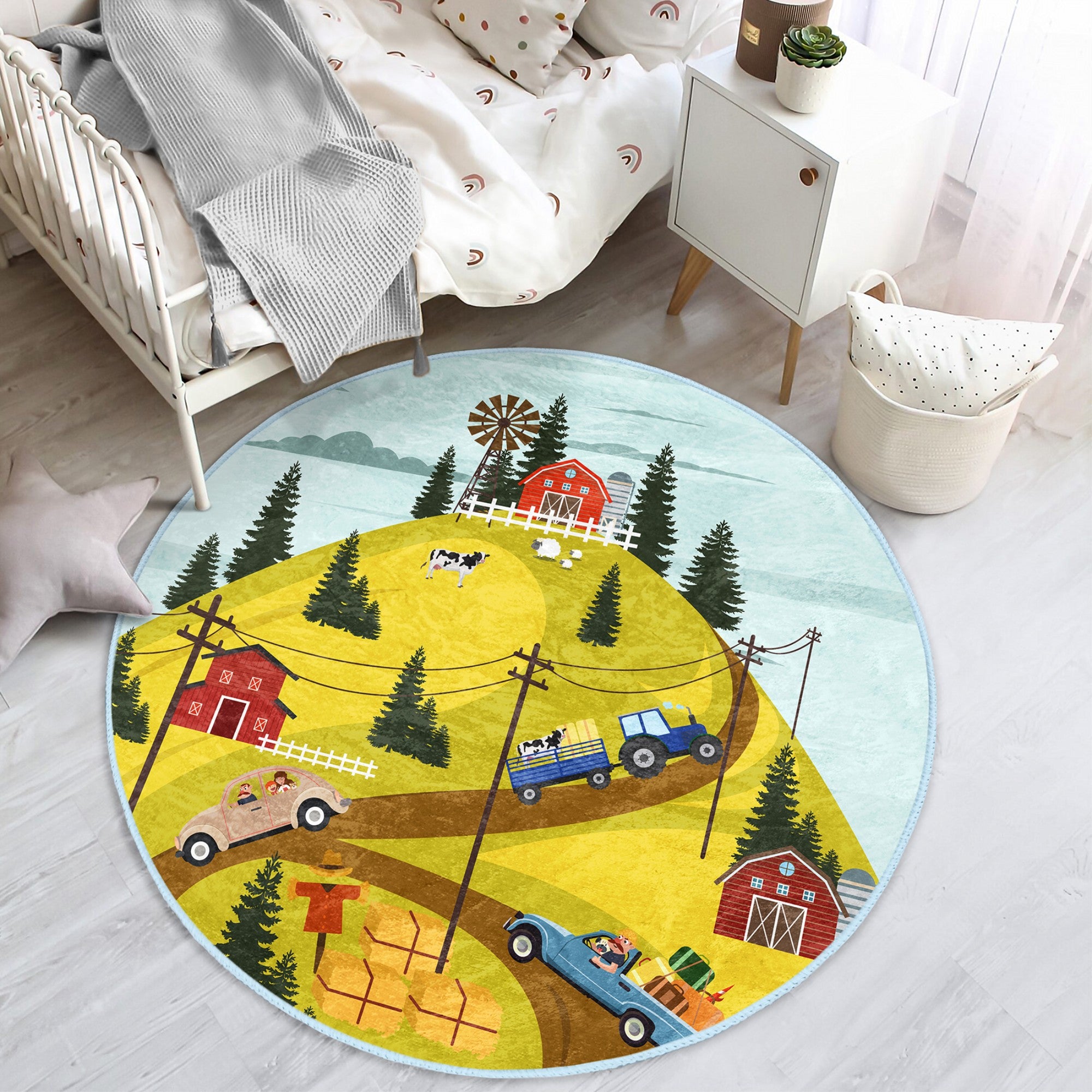 Kids Room Farm Pattern Decorative Washable Round Rug featuring vibrant farm designs, soft texture, and round shape, perfect for children's play areas.