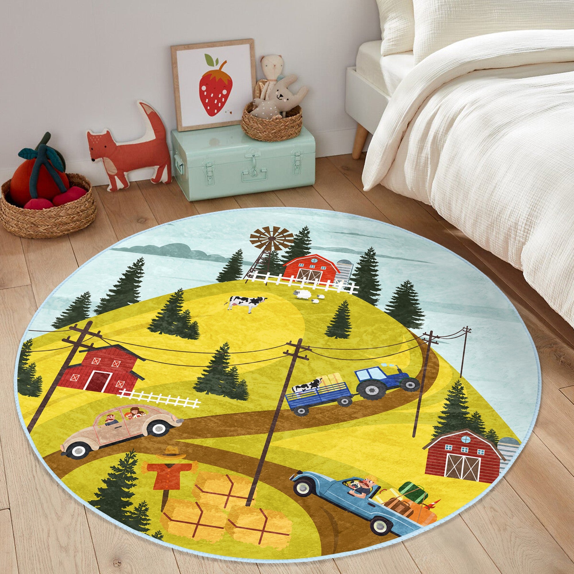 Kids Room Farm Pattern Decorative Washable Round Rug featuring vibrant farm designs, soft texture, and round shape, perfect for children's play areas.