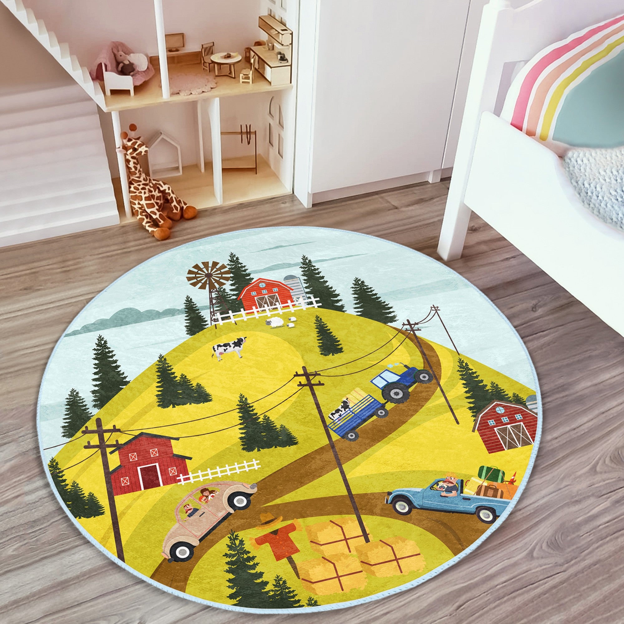 Kids Room Farm Pattern Decorative Washable Round Rug featuring vibrant farm designs, soft texture, and round shape, perfect for children's play areas.