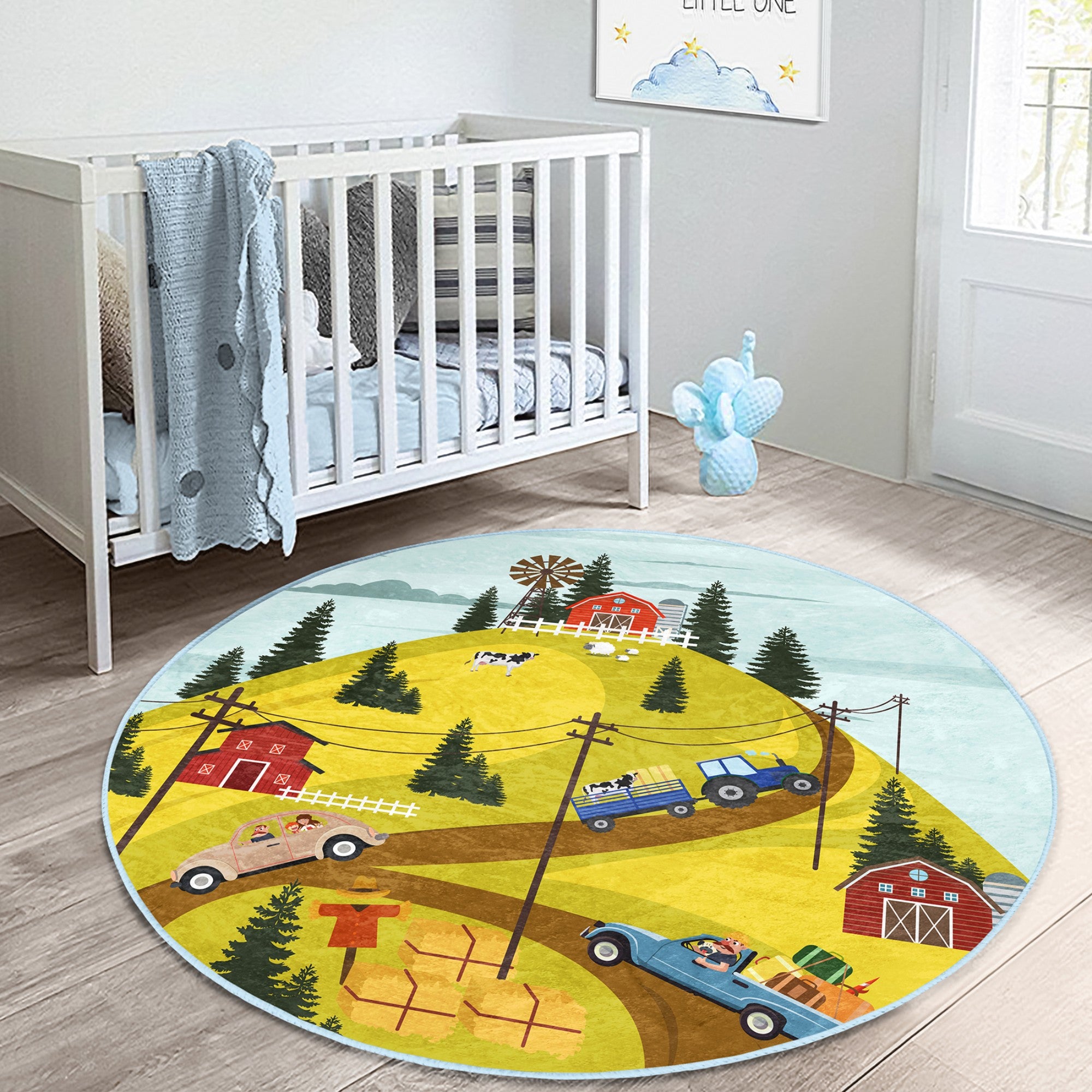 Kids Room Farm Pattern Decorative Washable Round Rug featuring vibrant farm designs, soft texture, and round shape, perfect for children's play areas.