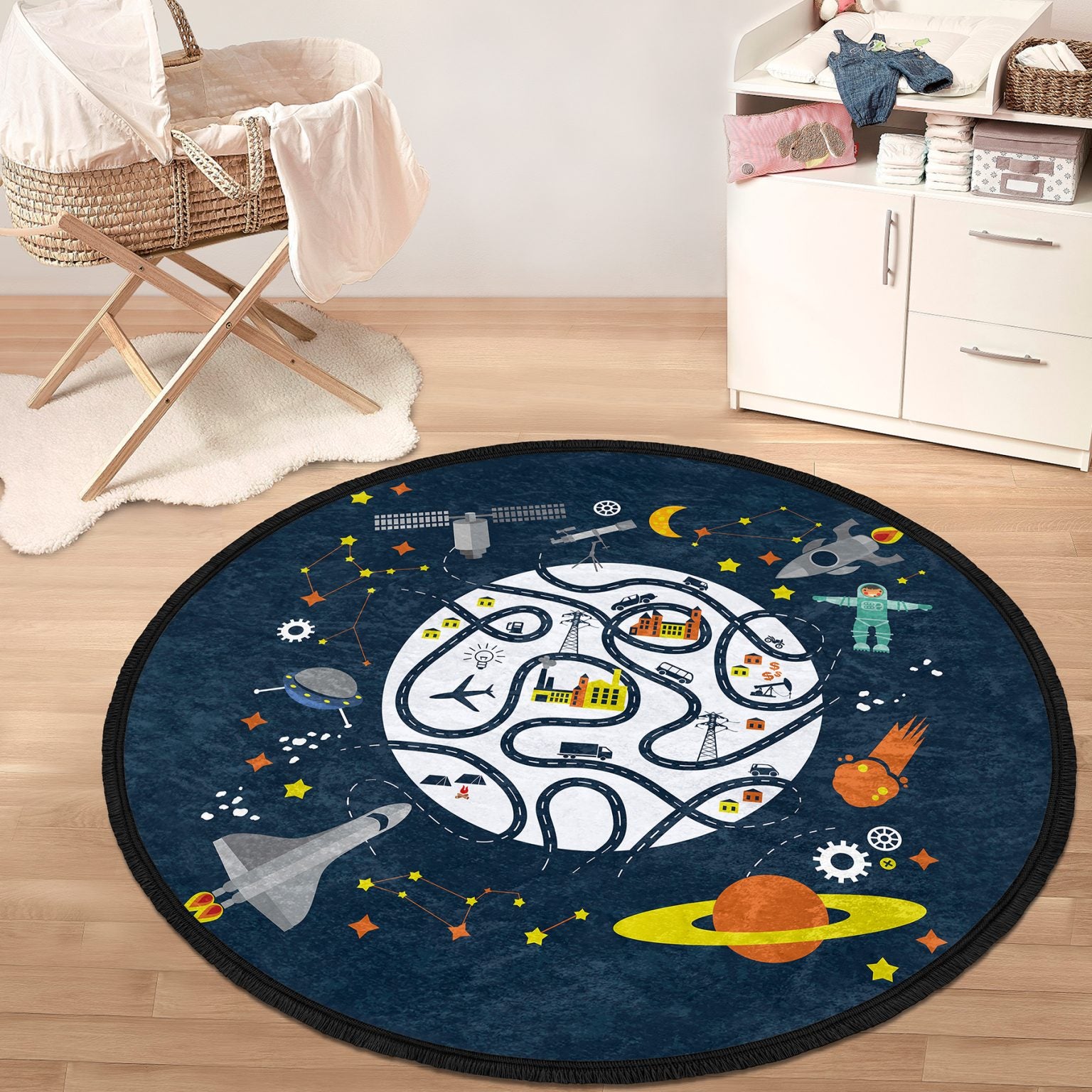 Kids Room Universe Printed Round Rug featuring a colorful universe design, made of shiny velvet fabric, perfect for nurseries and playrooms.