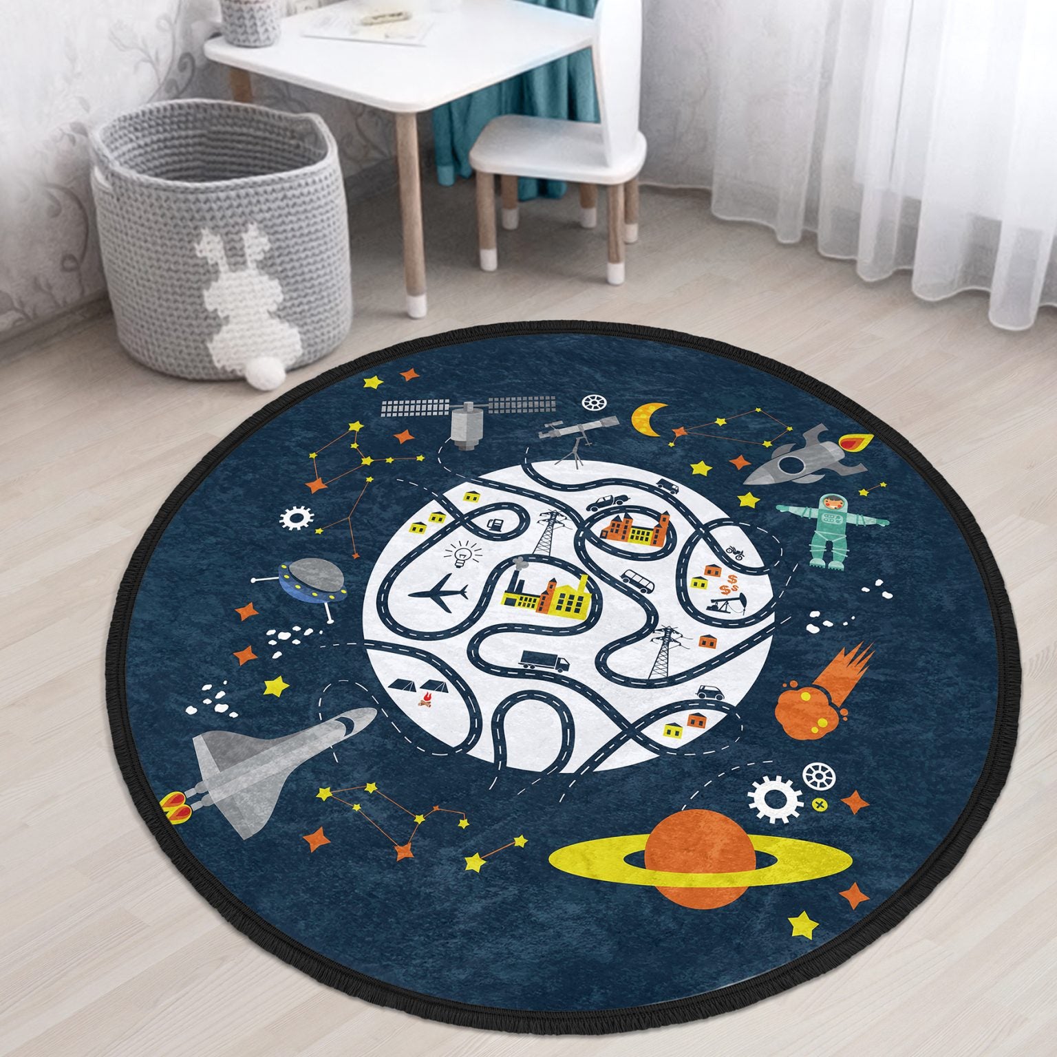 Kids Room Universe Printed Round Rug featuring a colorful universe design, made of shiny velvet fabric, perfect for nurseries and playrooms.