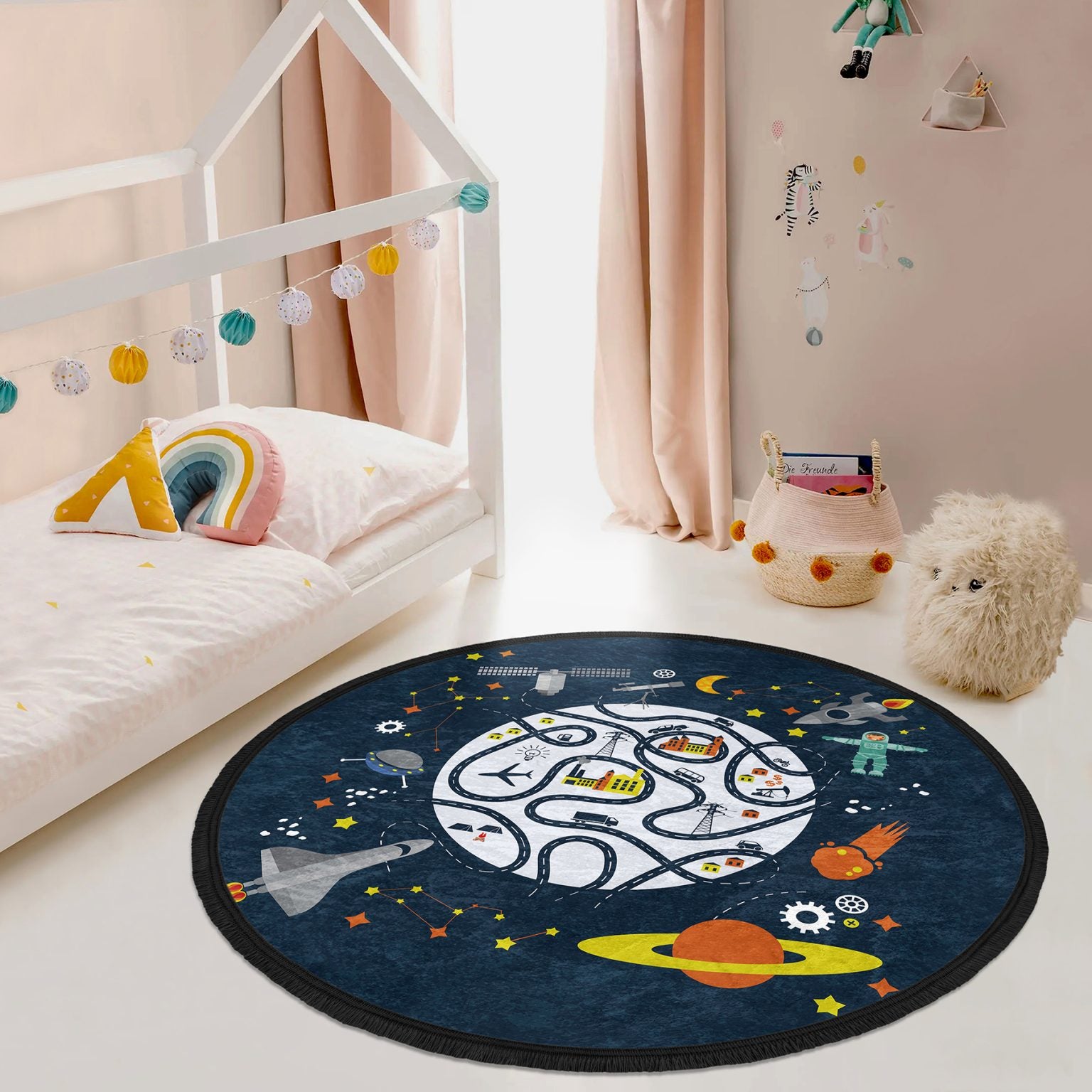 Kids Room Universe Printed Round Rug featuring a colorful universe design, made of shiny velvet fabric, perfect for nurseries and playrooms.