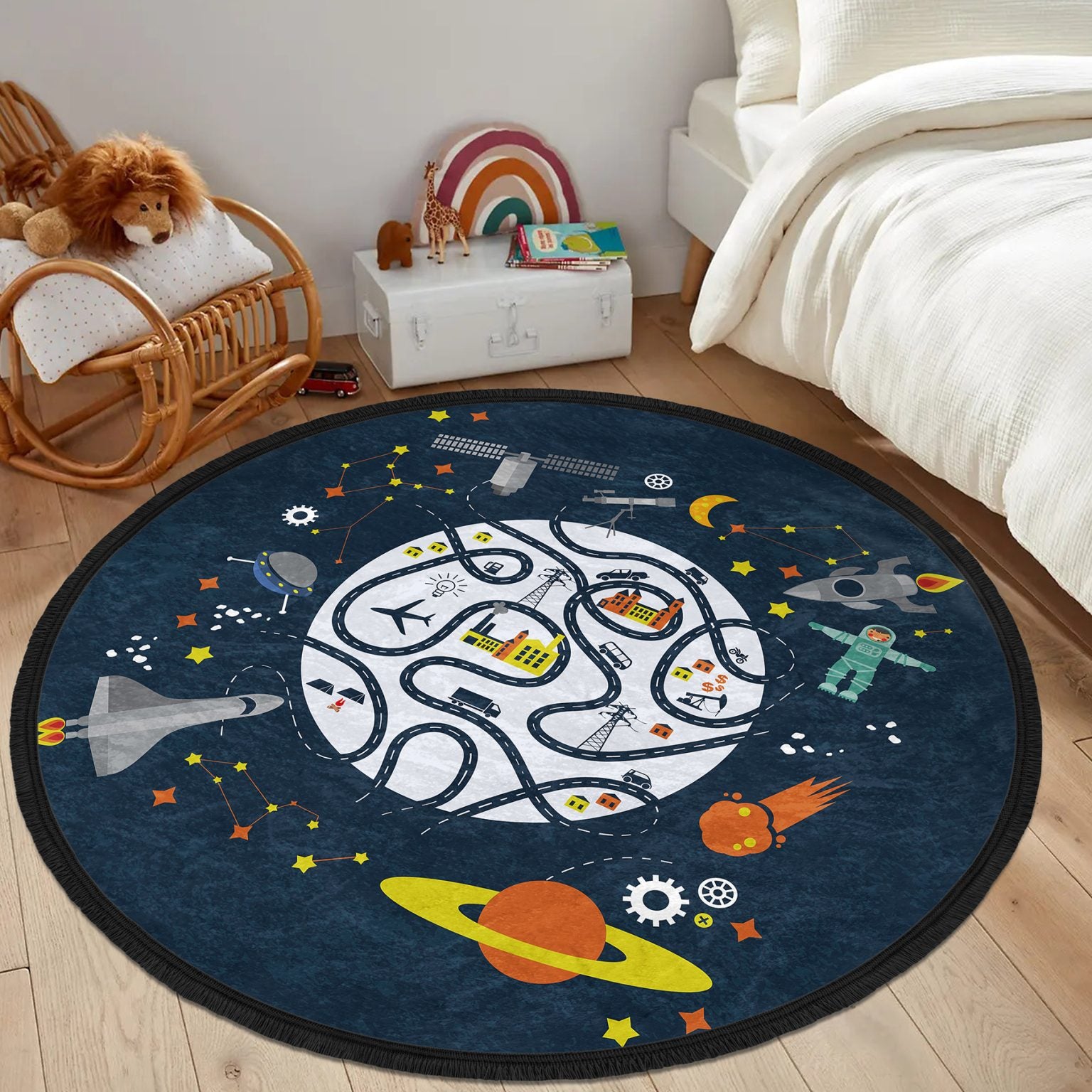 Kids Room Universe Printed Round Rug featuring a colorful universe design, made of shiny velvet fabric, perfect for nurseries and playrooms.