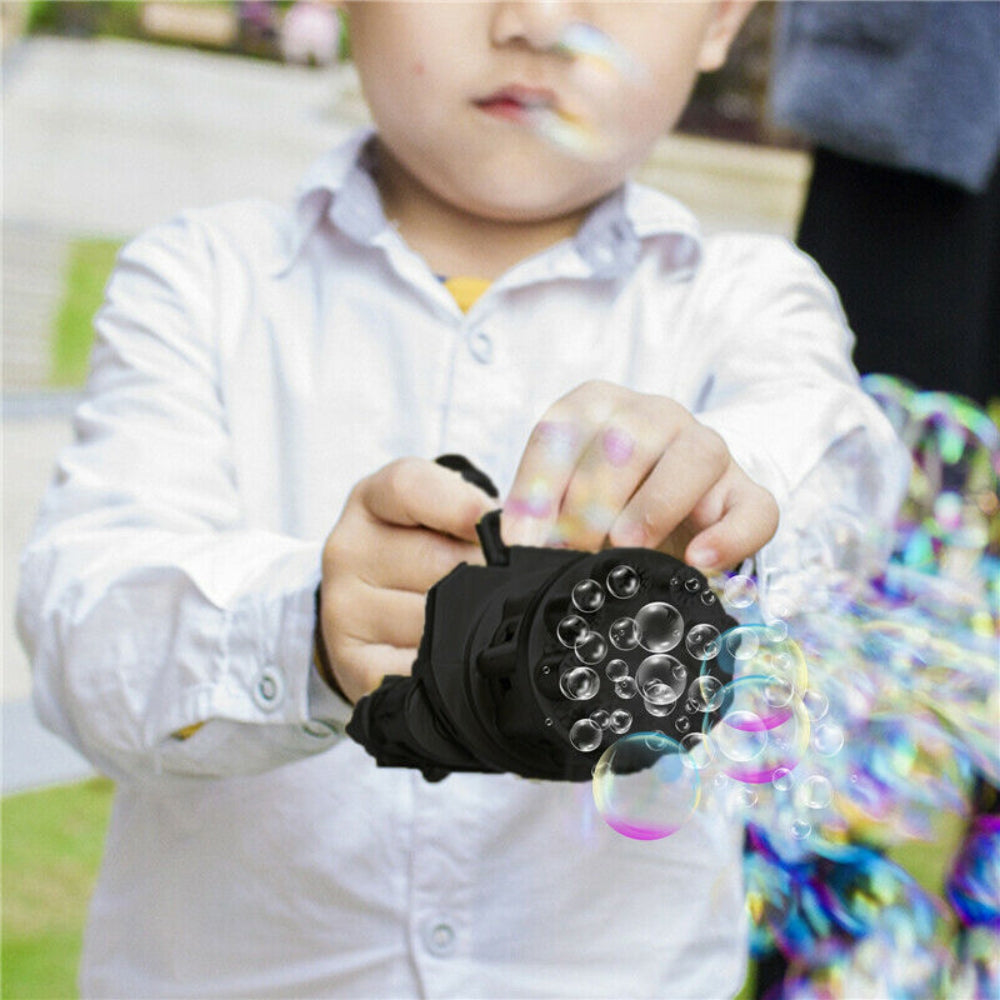 Kids Toys Automatic Gatling Bubble Gun with colorful bubbles flying out, designed for outdoor summer fun.