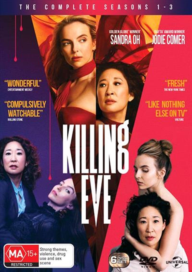 Killing Eve DVD box set featuring Seasons 1 to 3, showcasing the intense cat-and-mouse relationship between Eve and Villanelle.