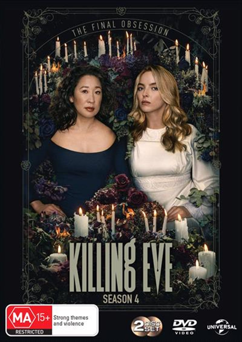 Killing Eve Season 4 DVD cover featuring Eve and Villanelle in a dramatic pose, showcasing the show's intense themes.