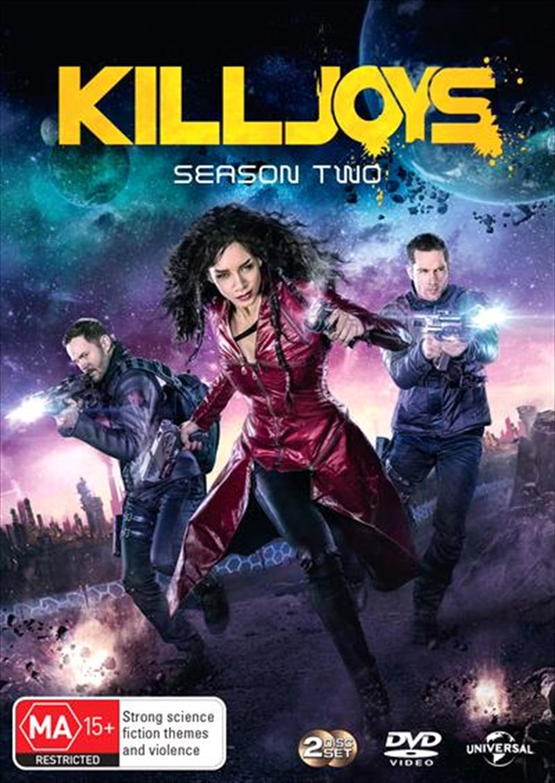 Killjoys Season 2 DVD cover featuring Dutch, Johnny, and Davin in a sci-fi setting with vibrant colors and action elements.