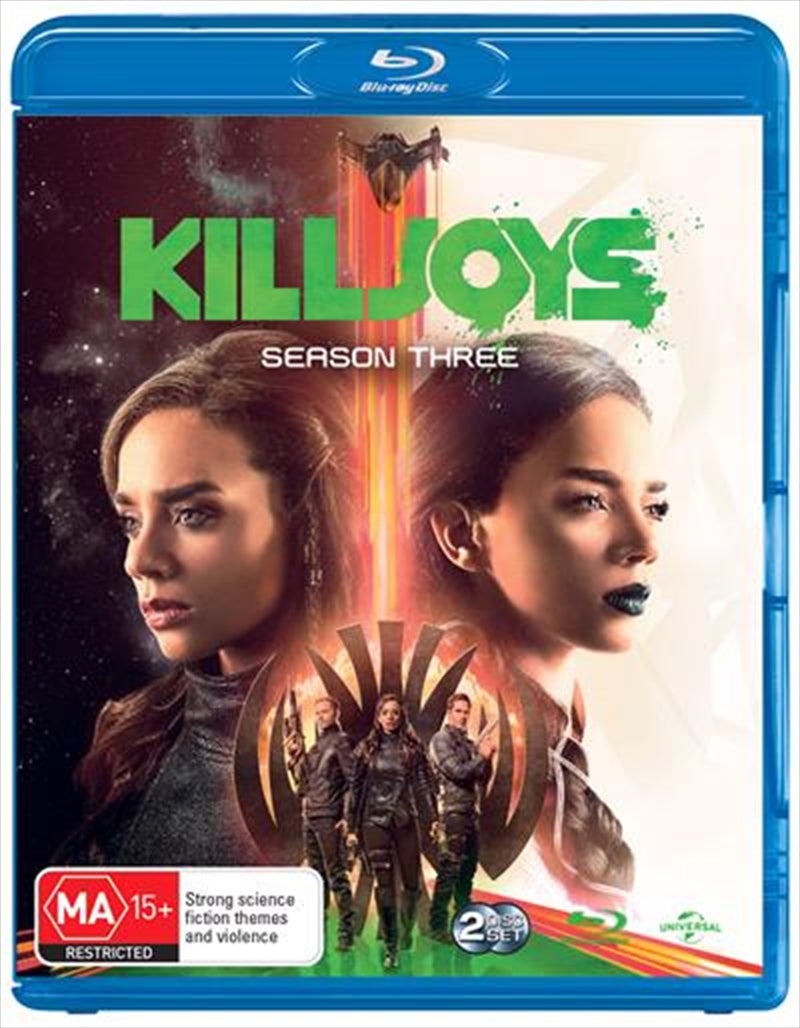 Killjoys Season 3 Blu-ray cover featuring the trio of intergalactic bounty hunters in action.