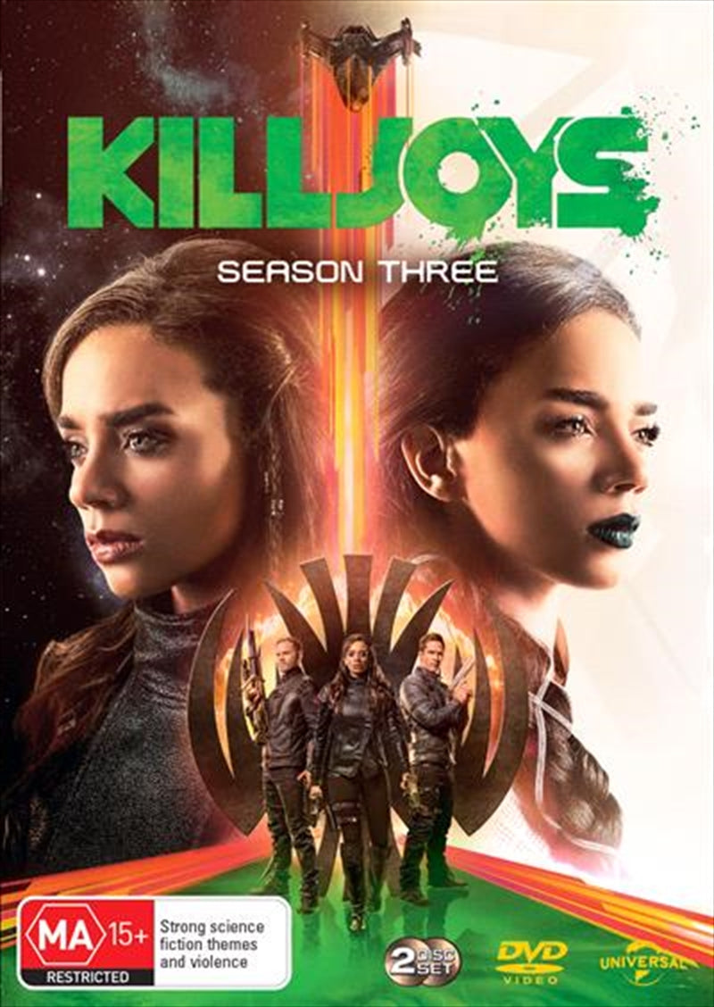 Killjoys Season 3 DVD cover featuring the main characters in action poses, showcasing the sci-fi theme and adventure elements.