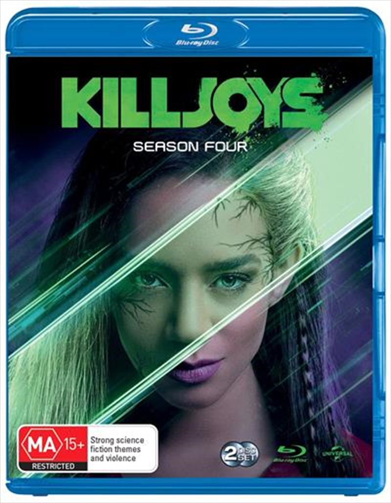 Killjoys Season 4 Blu-ray cover featuring the trio of bounty hunters in action against a sci-fi backdrop.